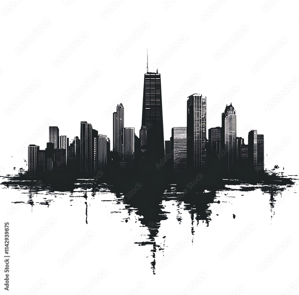 Naklejka premium Monochromatic city skyline illustration. Urban, modern, and minimalist design.