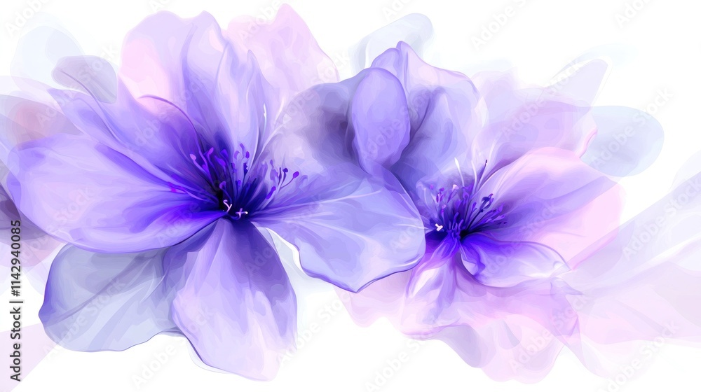 Two delicate purple flowers with soft, translucent petals on a white background. Two delicate purple flowers with soft, translucent petals on a white background.