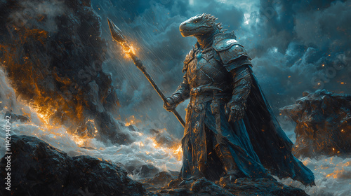 lizardfolk warrior in stormy seascape holding a glowing spear