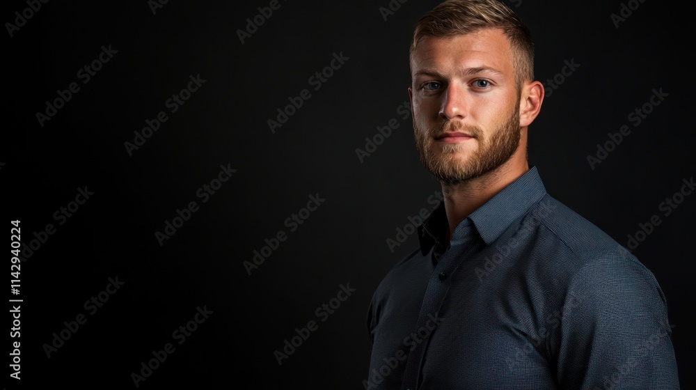 Portrait of a handsome young man with short blond hair and beard, wearing a dark gray shirt against a black background. Portrait of a handsome young man with short blond hair and beard, wearing a dark gray shirt against a black background.