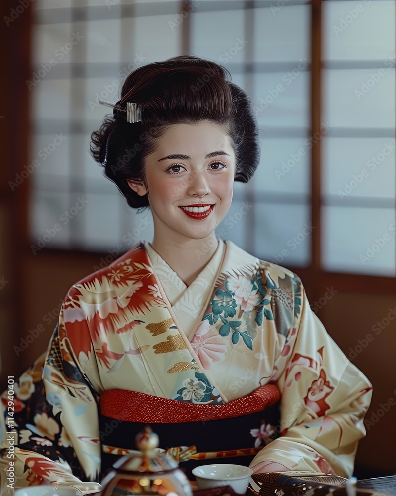A young woman smiles, wearing a traditional Japanese kimono in a room with shoji screens.