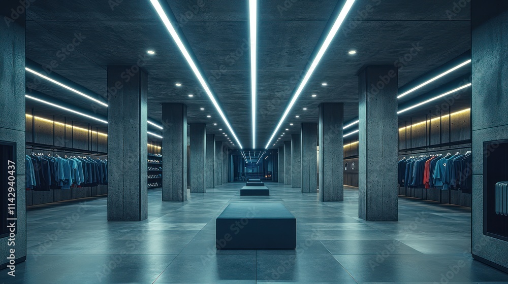Modern minimalist clothing store interior with concrete pillars, blue LED lighting, and dark grey flooring. Modern minimalist clothing store interior with concrete pillars, blue LED lighting, and dark grey flooring.