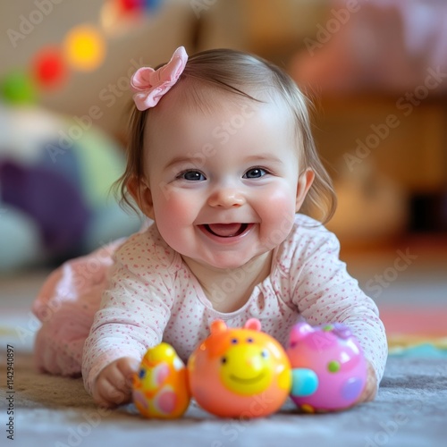Smiling infant plays happily with toys at home.