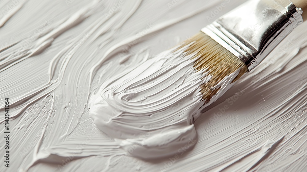 Brushing white paint on a textured surface in a bright workspace during a creative painting session Brushing white paint on a textured surface in a bright workspace during a creative painting session