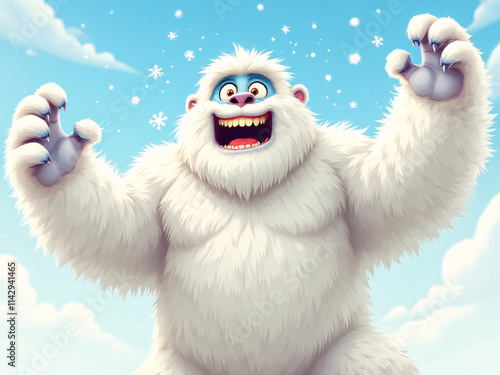 Happy baby yeti with arms raised, smiling joyfully.