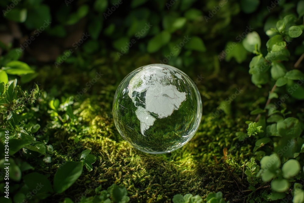 Fragile Earth: A Glass Globe Resting on Lush Green Moss Fragile Earth: A Glass Globe Resting on Lush Green Moss
