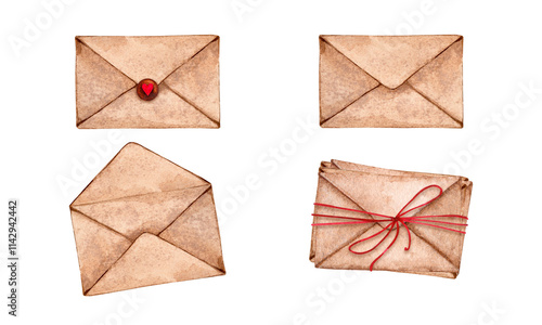 Set of kraft paper envelopes with love letters. Isolated watercolor illustration for Valentine's Day, Birthday. Design element for postcard, greeting, poster, etc.