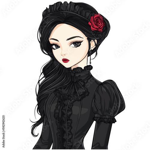 Cute Girl with Elegant Gothic Aristocrat Style Vector Illustration | Dark and Sophisticated Fashion Art  
