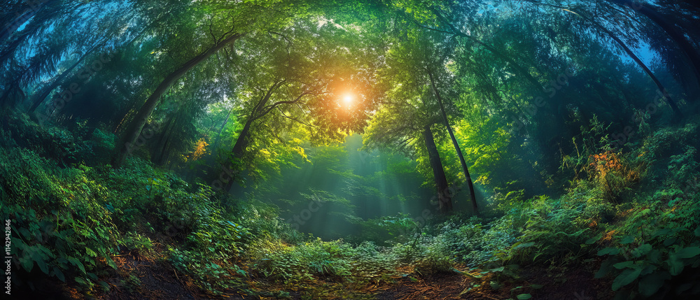 Fototapeta premium Sunlit Forest Path: Lush Green Canopy, Vibrant Nature Photography