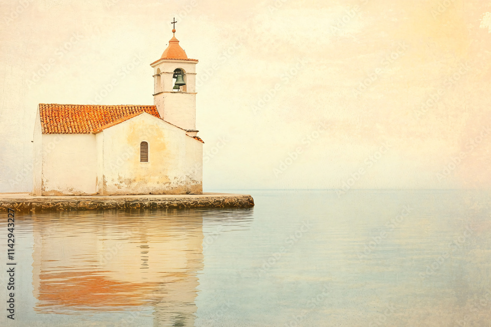 Rustic white chapel with a red roof reflecting on still waters under a soft pastel sky creating a tranquil coastal scene
Rustic white chapel with a red roof reflecting on still waters under a soft pastel sky creating a tranquil coastal scene