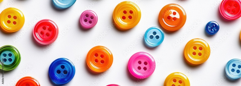Colorful plastic buttons scattered playfully across a white surface in vibrant arrangement Colorful plastic buttons scattered playfully across a white surface in vibrant arrangement