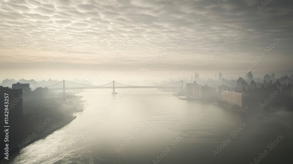 Naklejka premium Serene Urban View Over a Misty River with a Bridge and City Skyline Silhouetted Against a Dramatic Cloudy Sky at Dawn