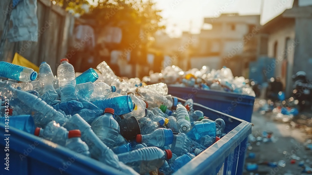 A Pile of Plastic Bottles Awaits Recycling in a Sunny Urban Setting A Pile of Plastic Bottles Awaits Recycling in a Sunny Urban Setting