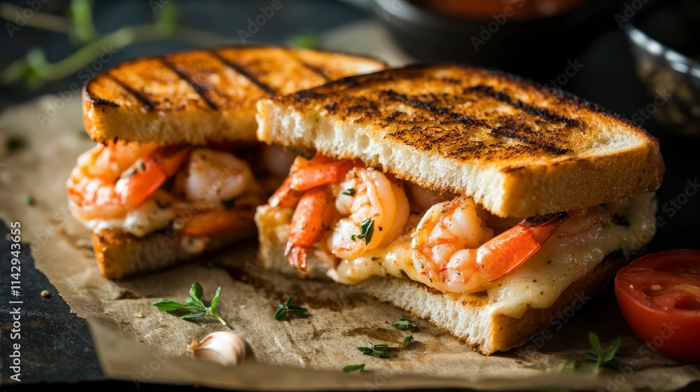 Gourmet Shrimp Sandwich with Grilled Bread and Fresh Ingredients Served on Rustic Background for Culinary Delights and Food Photography