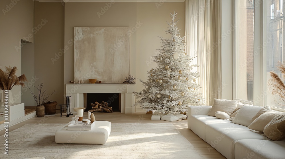 Fototapeta premium White Christmas home interior with fireplace