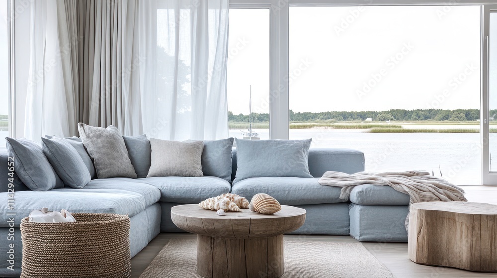 Light blue sectional sofa in a coastal living room with water view. Light blue sectional sofa in a coastal living room with water view.