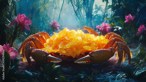 Iridescent Crab Dish: Jungle Feast, 3D Render photo