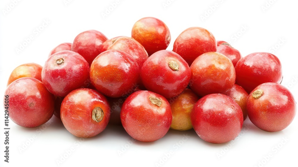 vibrant acerola fruit, bursting with red hues, displayed on a pristine white backdrop, emphasizing its juicy and fresh appeal vibrant acerola fruit, bursting with red hues, displayed on a pristine white backdrop, emphasizing its juicy and fresh appeal