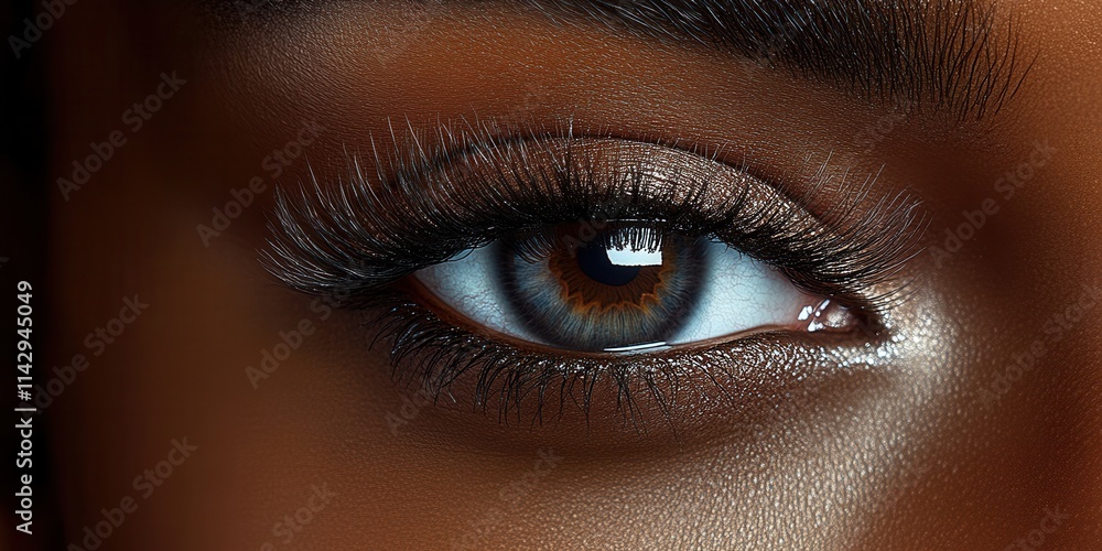 Fototapeta premium Close-up view of a human eye highlighting the unique colors and intricate details of the iris and eyelashes during daylight