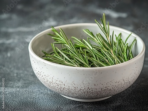 Fresh rosemary sprigs in a speckled bowl on a dark textured background create a rustic culinary vibe for home cooking inspiration photo