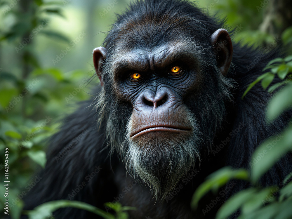 Bigfoot standing in forest, angry expression, green trees background. Bigfoot standing in forest, angry expression, green trees background.