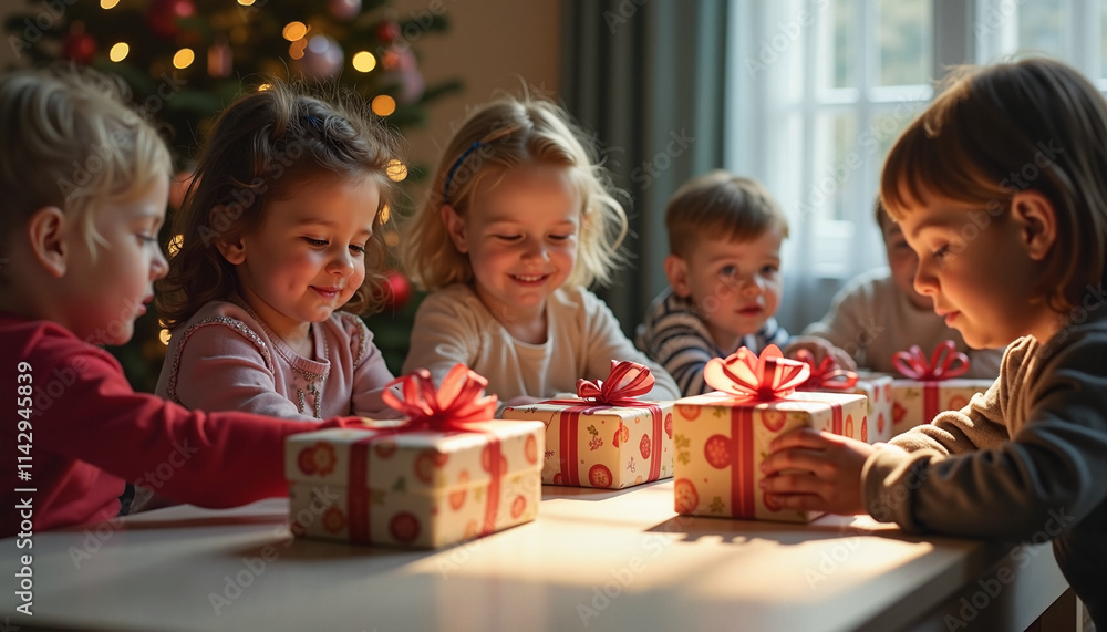 Five excited children opening Christmas presents with joy at a festive table Five excited children opening Christmas presents with joy at a festive table