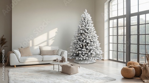 White living room interior with Christmas tree with copy space