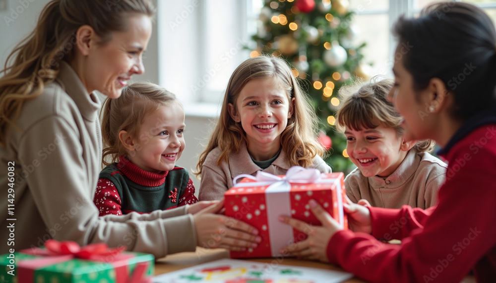 Four delighted children and a woman exchanging gift boxes during a festive gathering Four delighted children and a woman exchanging gift boxes during a festive gathering