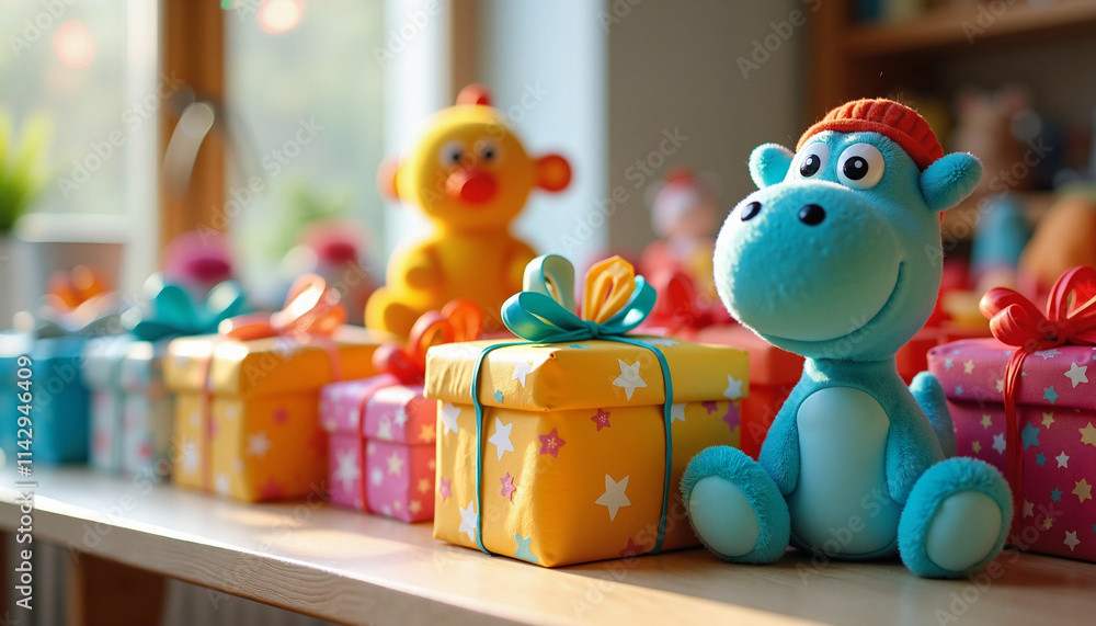 A cute blue dinosaur plush toy next to colorful gift boxes and a cheerful yellow toy on a bright table A cute blue dinosaur plush toy next to colorful gift boxes and a cheerful yellow toy on a bright table
