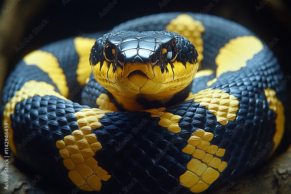 Close-up of a coiled black and yellow snake, a captivating wildlife photograph. Close-up of a coiled black and yellow snake, a captivating wildlife photograph.