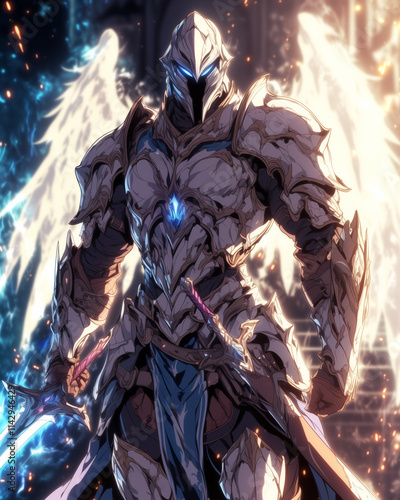 fierce celestial knight in silver armor under a cosmic sky wielding a glowing sword photo