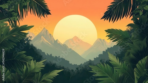 vibrant drawing of majestic mountains framed by lush green nature, painted during a serene sunset, with warm colors blending in the sky, evoking tranquility and adventure photo