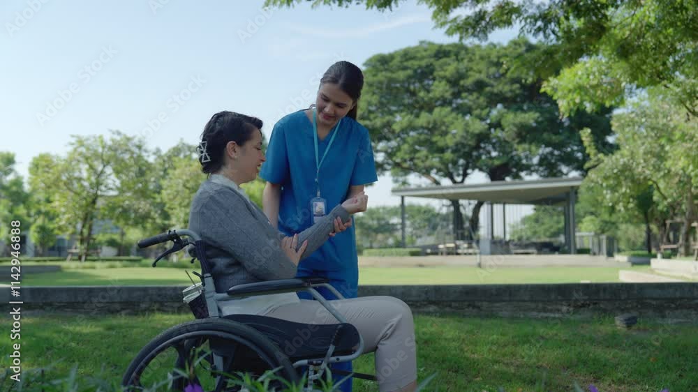 CaregiverCompassionate Caregiver Supports Woman in Wheelchair Outdoors at Serene Park, Highlighting Healthcare and Nurturing Connection in Beautiful Environment CaregiverCompassionate Caregiver Supports Woman in Wheelchair Outdoors at Serene Park, Highlighting Healthcare and Nurturing Connection in Beautiful Environment