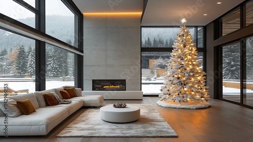 White living room interior with Christmas tree