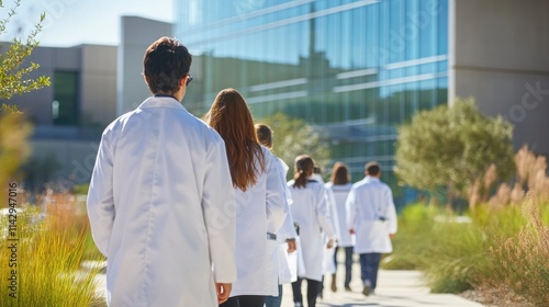 Medical students in white coats walking towards a modern building.