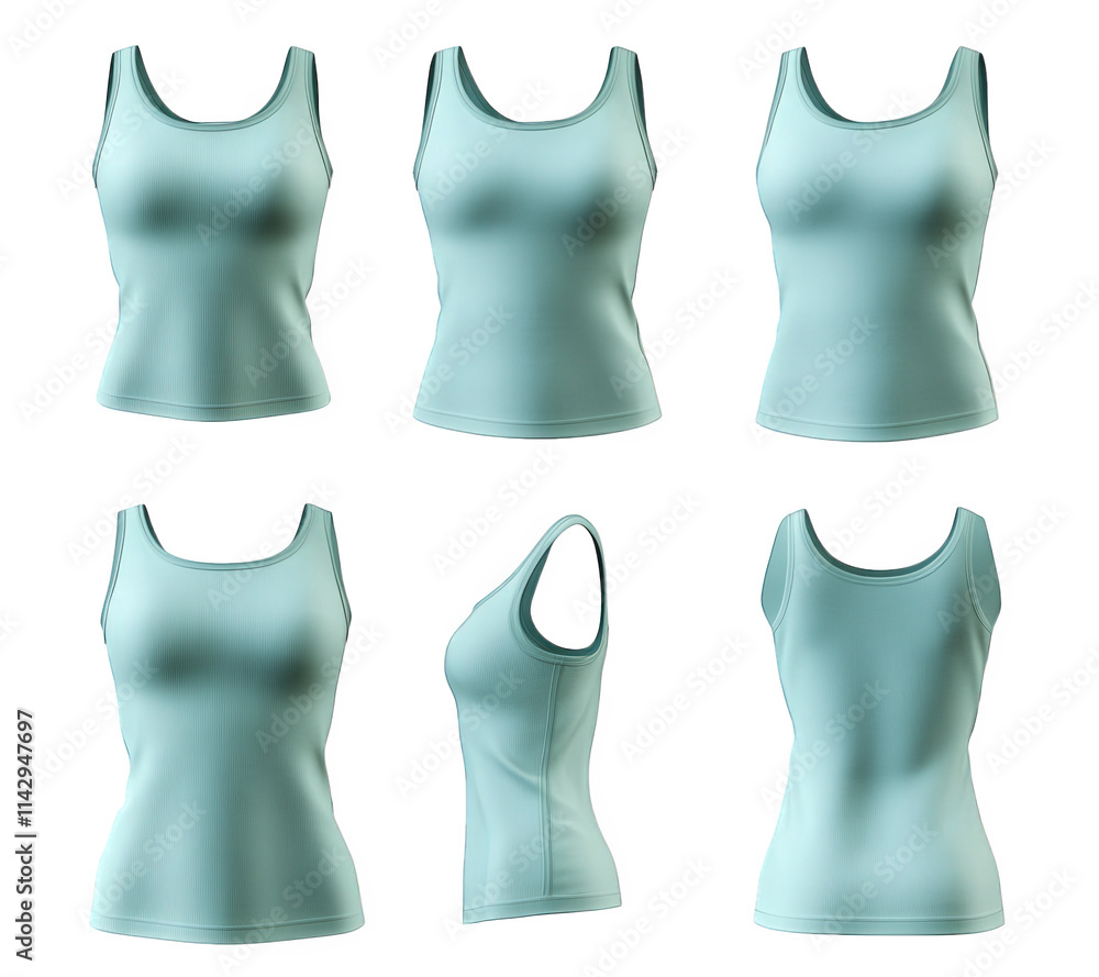 six views of a plain light blue women's tank top on a transparent background six views of a plain light blue women's tank top on a transparent background
