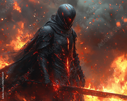 dark warrior in obsidian armor surrounded by embers and flames in a fiery battlefield