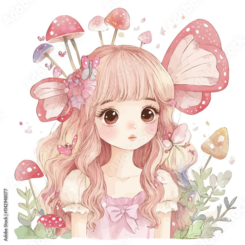 Cute Girl with Fairycore Style Geometry Vector Illustration | Whimsical and Dreamy Aesthetic Art
