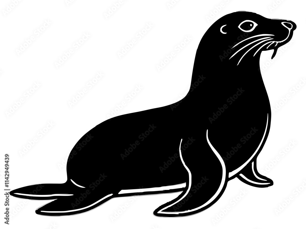 Playful Seal Silhouette with Whiskers - Black and White Vector Illustration Playful Seal Silhouette with Whiskers - Black and White Vector Illustration