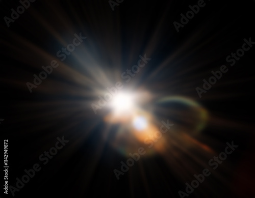 Abstract sun flare with vibrant colors against a solid black background, creating a striking visual contrast