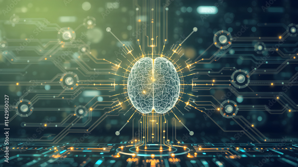 Obraz premium Digital AI electronic brain. Human brain glowing. Machine learning capabilities.