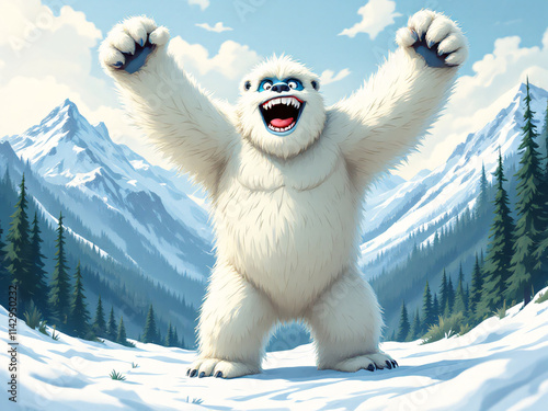 Happy baby yeti with arms raised, smiling joyfully.