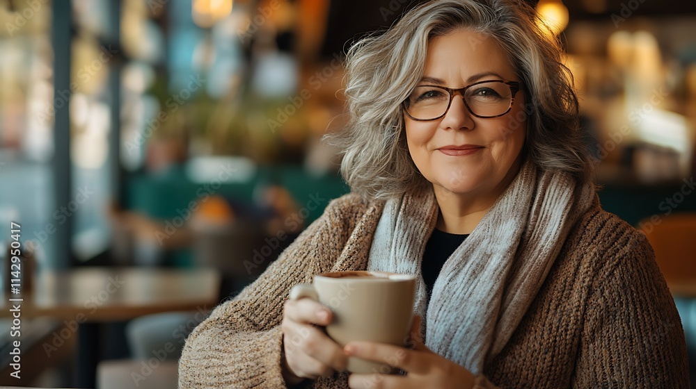 Smiling mature woman enjoys a warm beverage in a cafe. Smiling mature woman enjoys a warm beverage in a cafe.