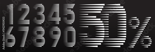 Set of numbers modern font with horizontal speed line pattern. Collection of number 0, 1, 2, 3, 4, 5, 6, 7, 8, 9 vector font alphabet, modern dynamic flat design. Vector illustration.