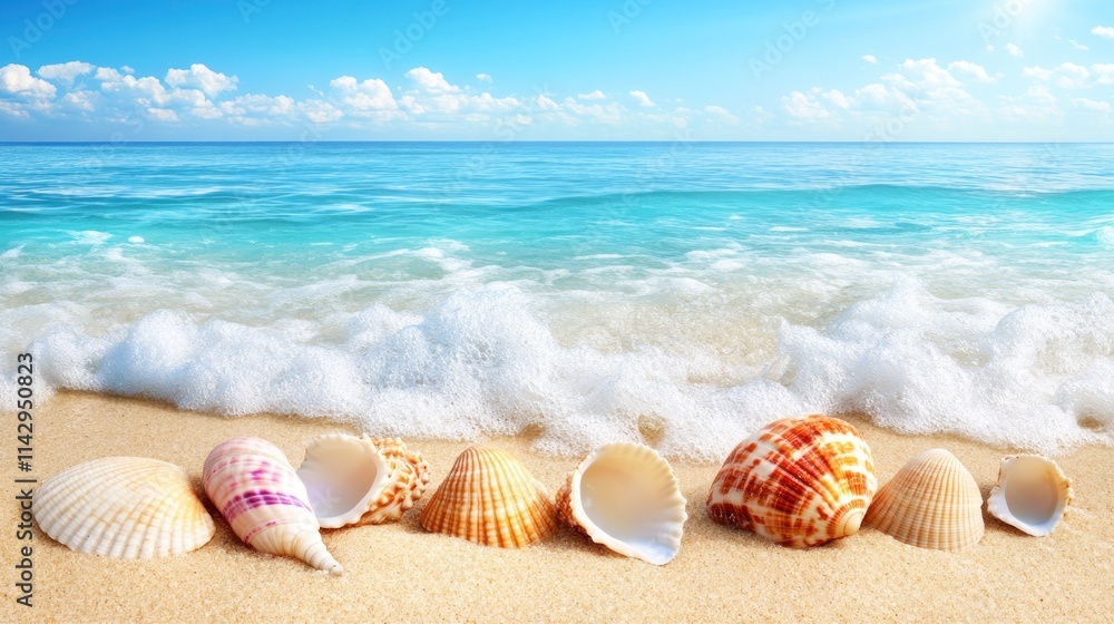 Seashells on sandy beach with ocean wave. Seashells on sandy beach with ocean wave.