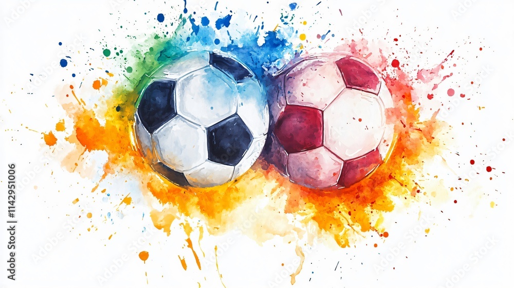 Fototapeta premium Dynamic Watercolor Footballs: A Colorful Celebration of the Beautiful Game
