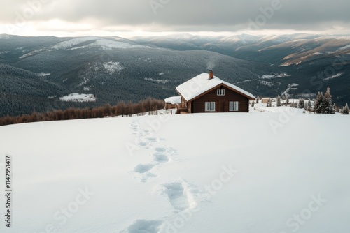 A wooden cabin stands alone amidst a vast snowy expanse, its warm interior inviting under overcast skies, overlooking distant mountains.