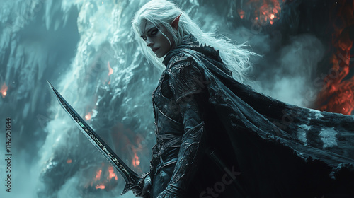 spectral drow necromancer conjuring an army of ghastly green skeletons in a cursed, fog-filled underworld