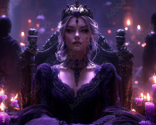 royal drow in a purple gown presides over a candlelit court with a somber air