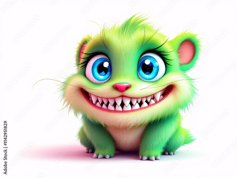 Cute green furry monster with big eyes and a wide, toothy smile, exuding a playful, cartoonish charm. Cute green furry monster with big eyes and a wide, toothy smile, exuding a playful, cartoonish charm.